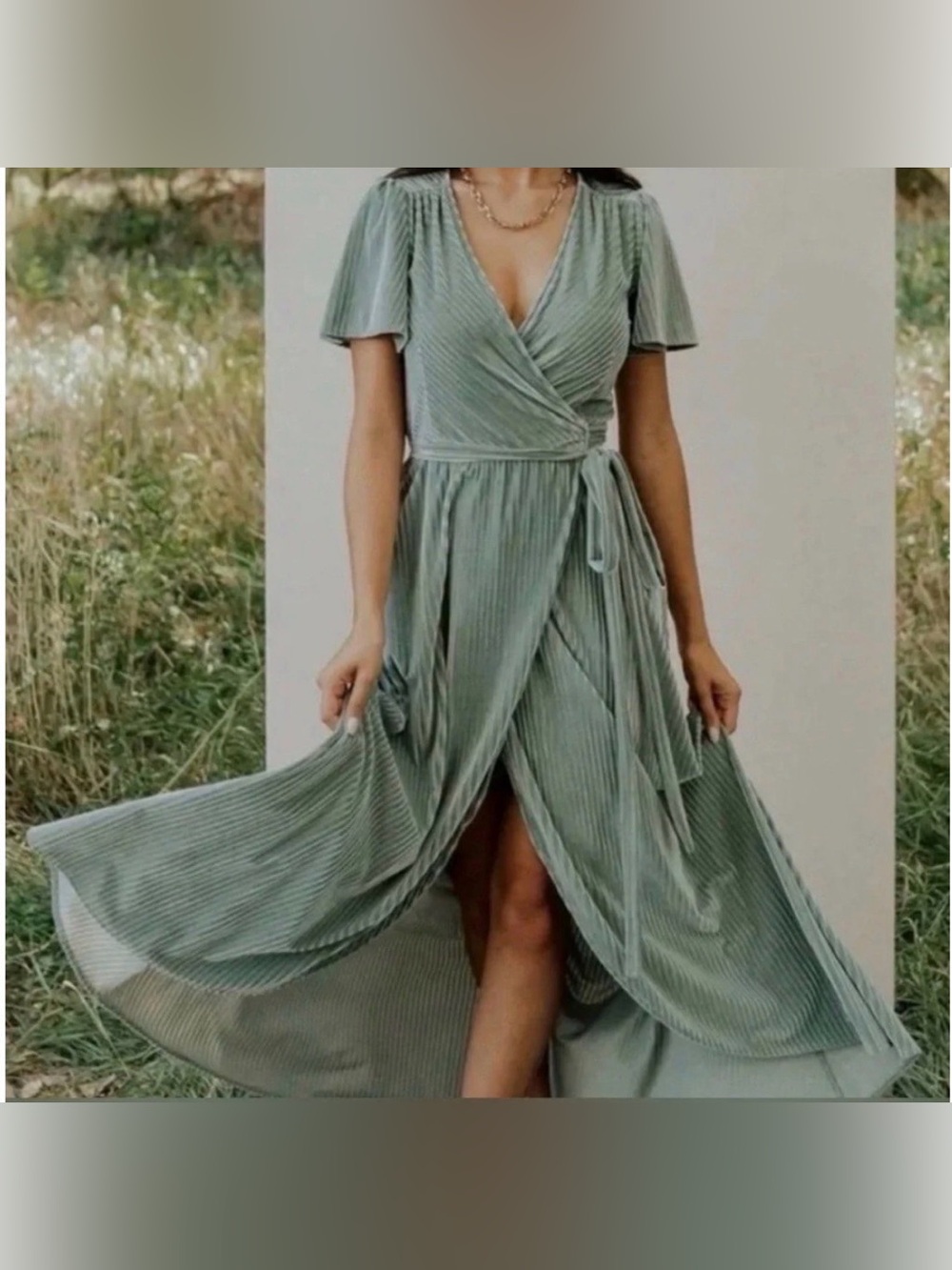 Baltic Born Andi Ribbed Velvet Wrap Dress in Dusty Sage - Picture 3 of 11